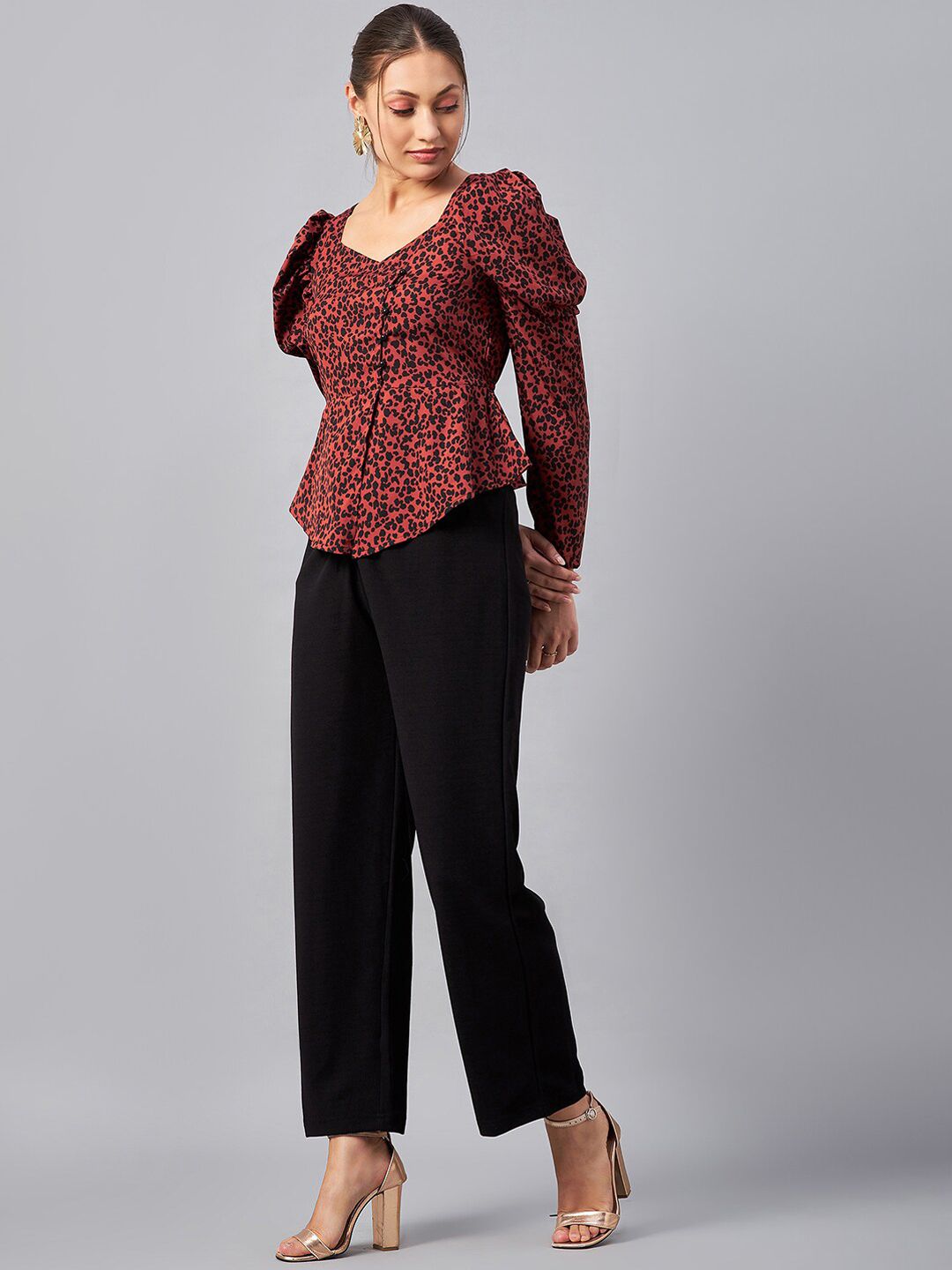 Antheaa Rust Red & Black Animal Printed Sweetheart Neck Top and Trousers