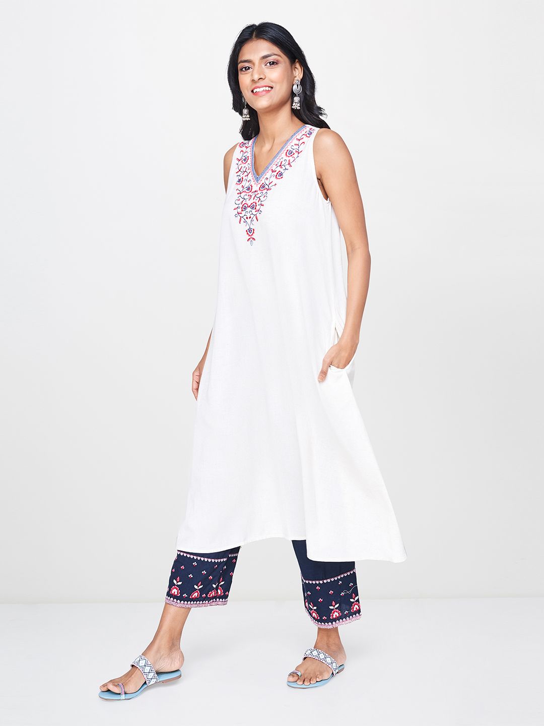Global Desi Women White Solid A-Line Kurta
