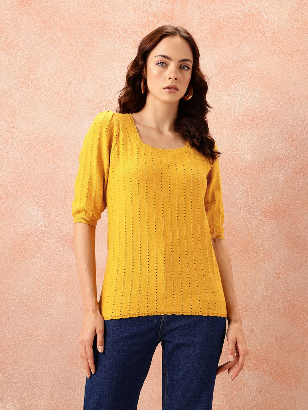 all about you Open Knit Puff Sleeve Top