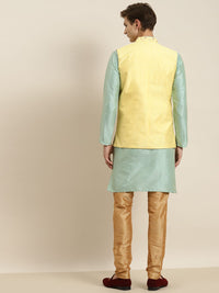 SOJANYA Men Sea Green Striped Kurta with Churidar & Nehru Jacket