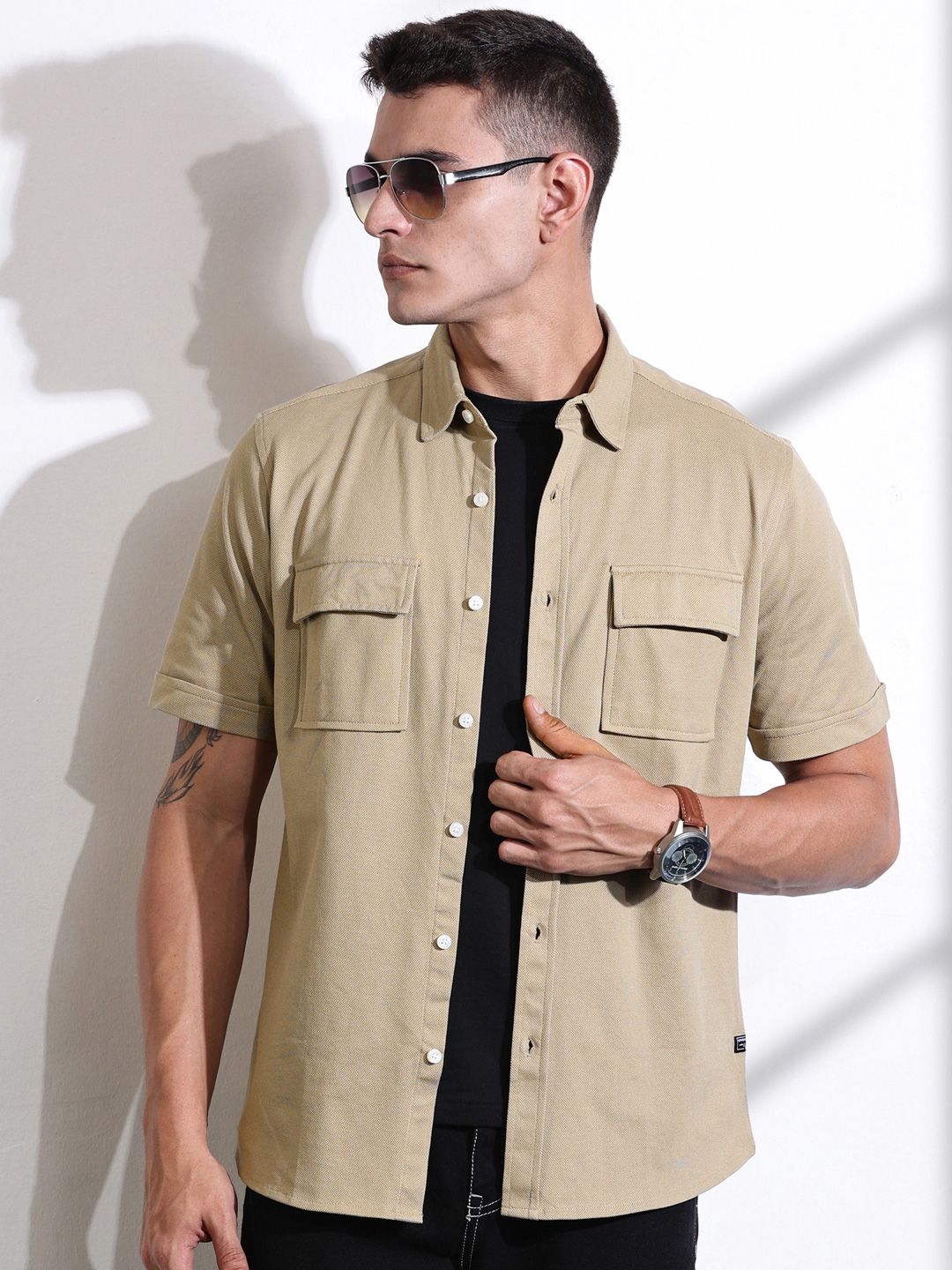 Thomas Scott Men Classic Fit Spread Collar Solid Cotton Knitted Shirt