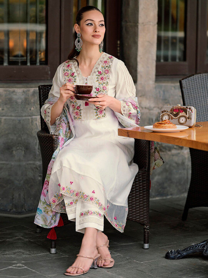 Indo Era Floral Embroidered Thread Work A-Line Kurta With Trousers & Dupatta