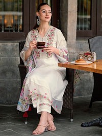 Indo Era Floral Embroidered Thread Work A-Line Kurta With Trousers & Dupatta