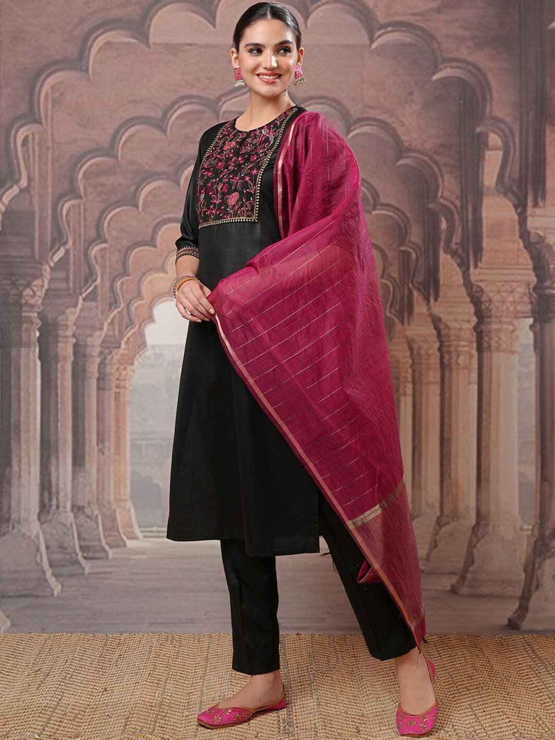 Vishudh Black Yoke Design Thread Work Kurta with Trouser & Dupatta