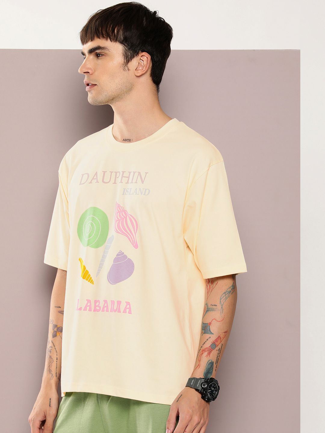 DILLINGER Men Graphic Printed Oversized Drop-Shoulder Sleeves Pure Cotton T-shirt