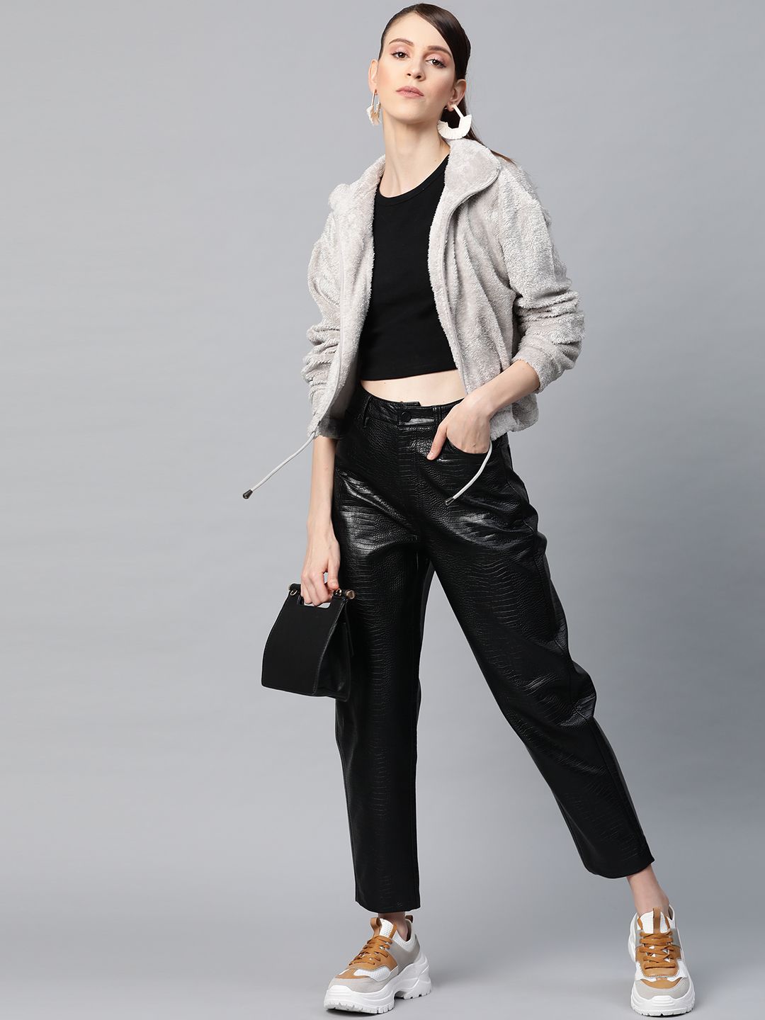 SASSAFRAS Women Grey Melange Solid Faux Fur Tailored Jacket