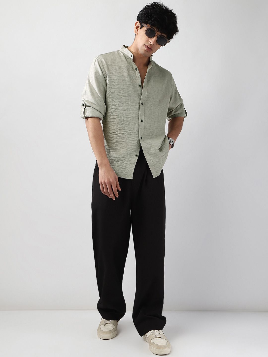 Urbano Fashion Men Beige Solid Linen Full Sleeve Relaxed Fit Mandarin Collar Casual Shirt