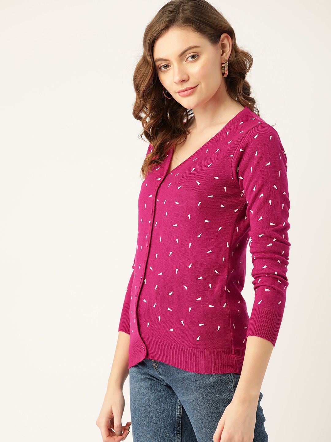 DressBerry Women Fuchsia & White Geometric Printed Cardigan