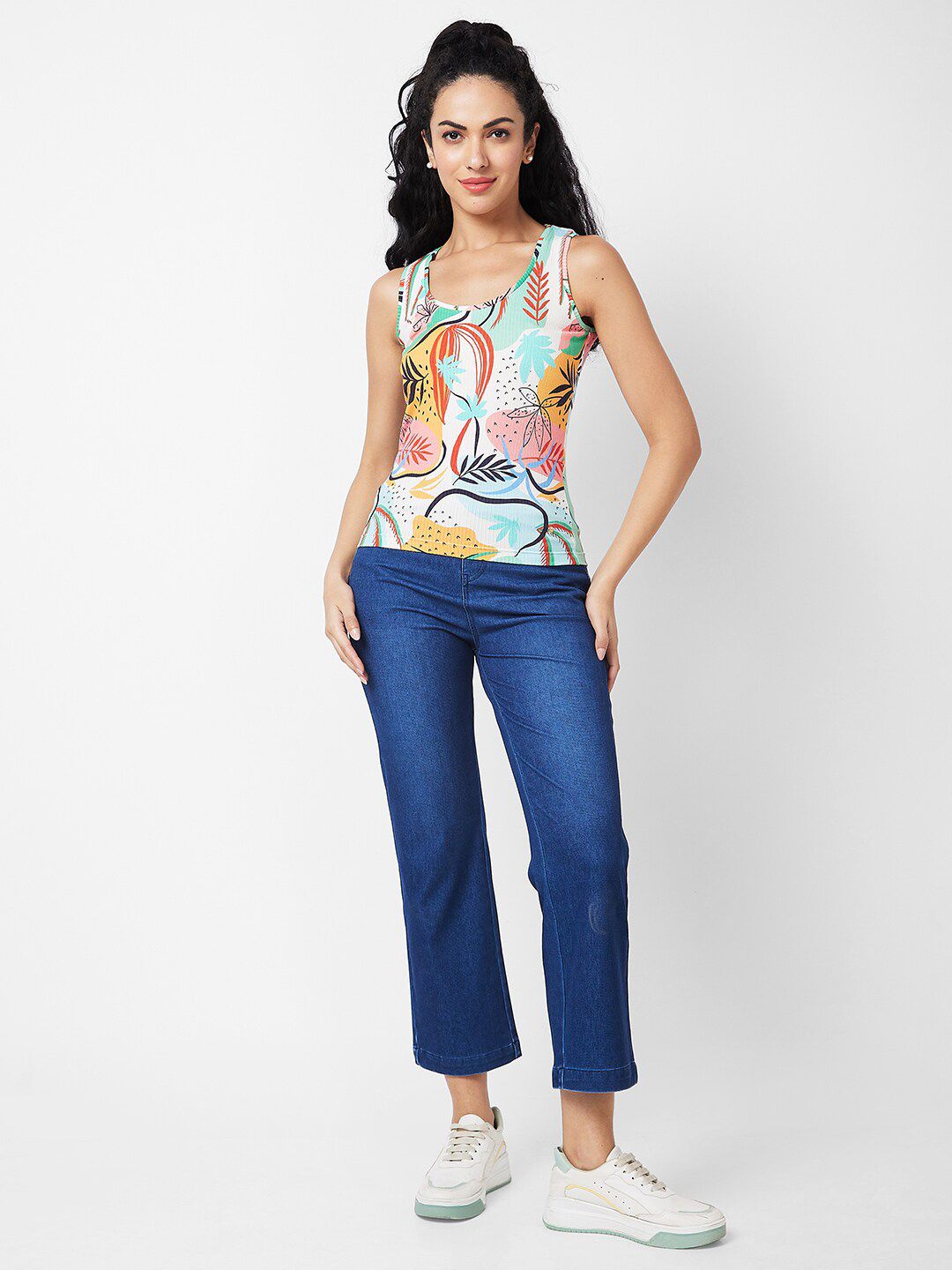 SPYKAR Abstract Printed Scoop Neck Sleeveless Cotton T-shirt