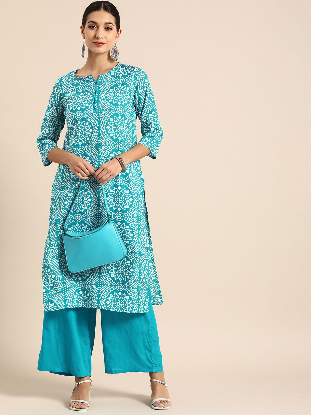 Anouk Women Blue & White Bandhani Print Pure Cotton Kurta with Palazzos