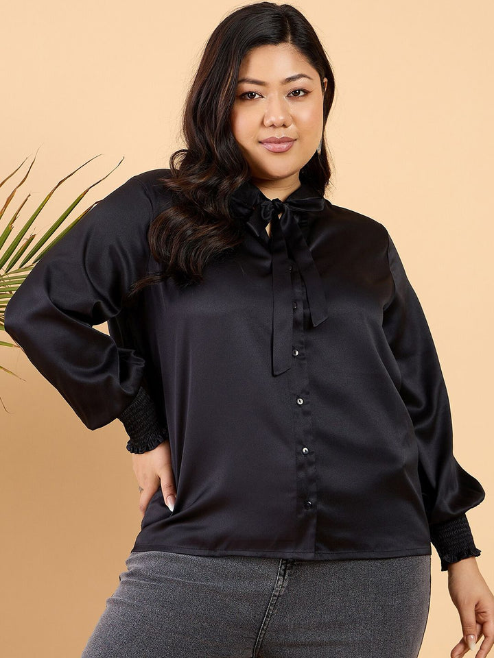 CURVY STREET Plus Size Tie Up Neck Comfort Opaque Satin Casual Shirt