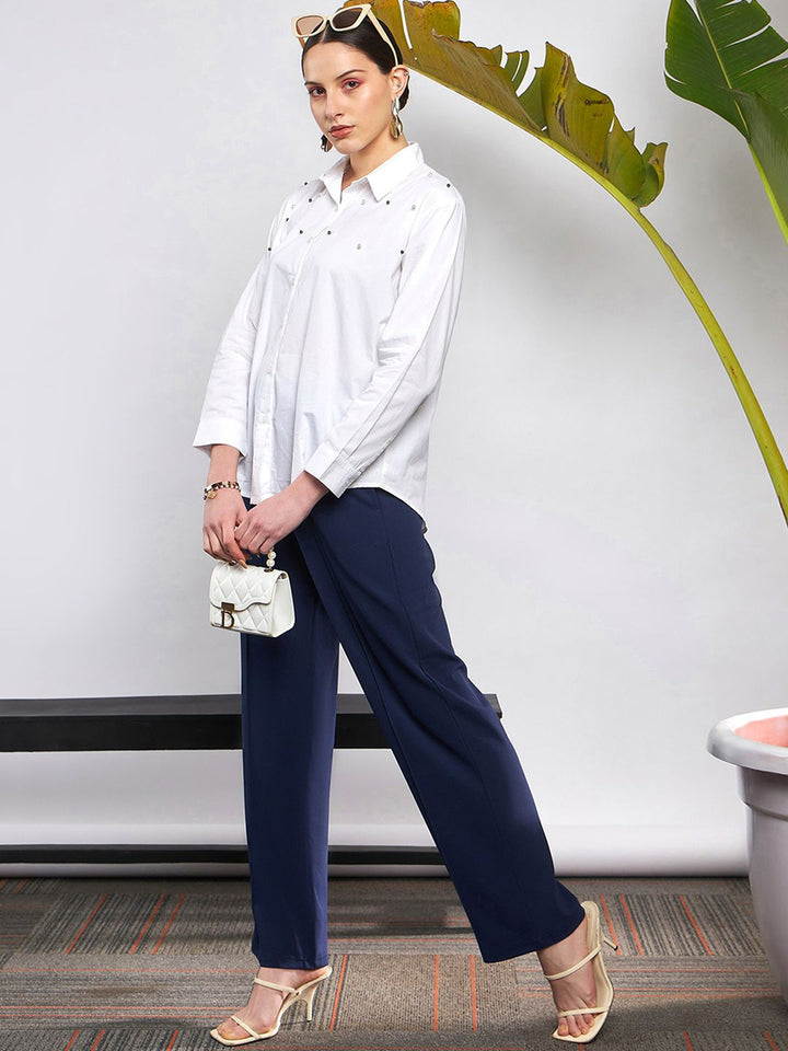 SASSAFRAS Women Navy Blue Straight Fit High-Rise Pleated Bootcut Trousers