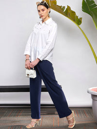 SASSAFRAS Women Navy Blue Straight Fit High-Rise Pleated Bootcut Trousers