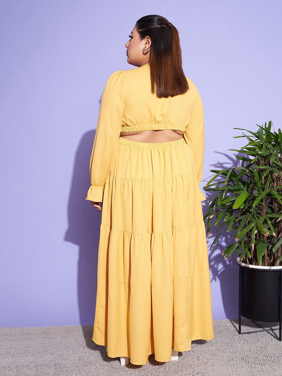 SASSAFRAS Curve Mustard Yellow Plus Size Cut-Out Detail Puff Sleeves Tiered Maxi Dress