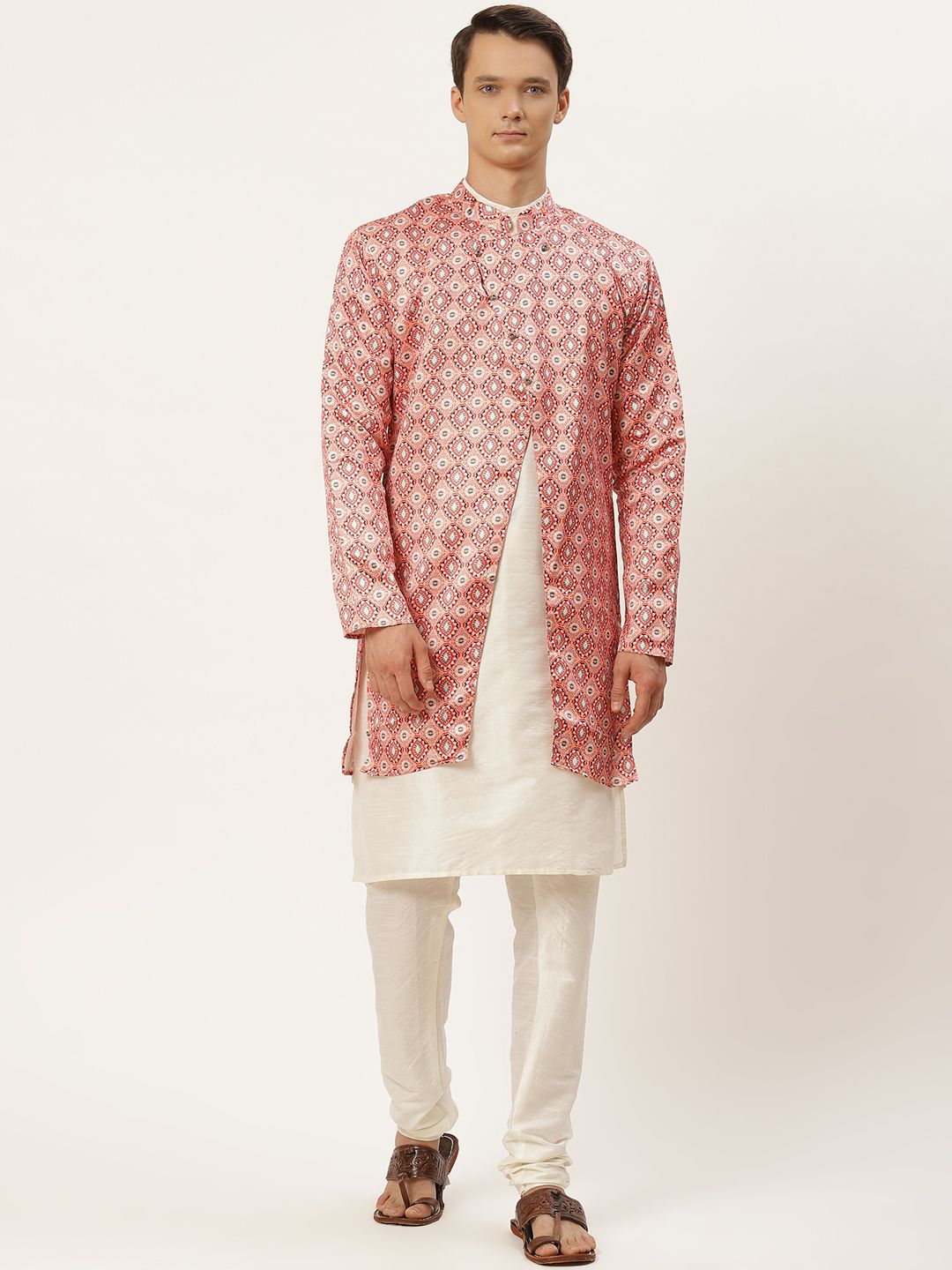 SOJANYA Men Off White Solid Kurta with Churidar & Ethnic Jacket