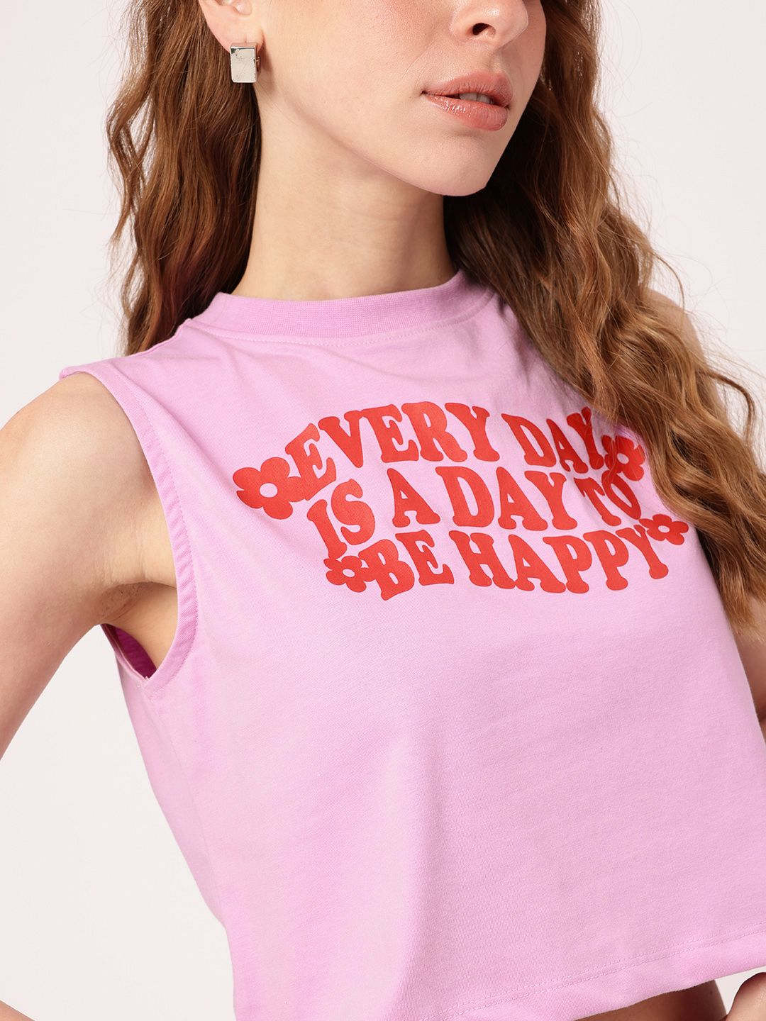 DressBerry Uplifting Feminine Typography Printed Sleeveless Crop T-Shirt