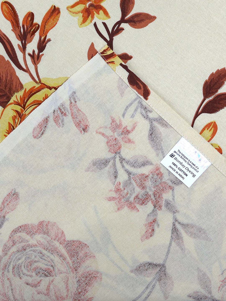 BOMBAY DYEING Cardinal Beige Floral 120 TC Cotton Queen Bedsheet Set-2.24 m X 2.54 m