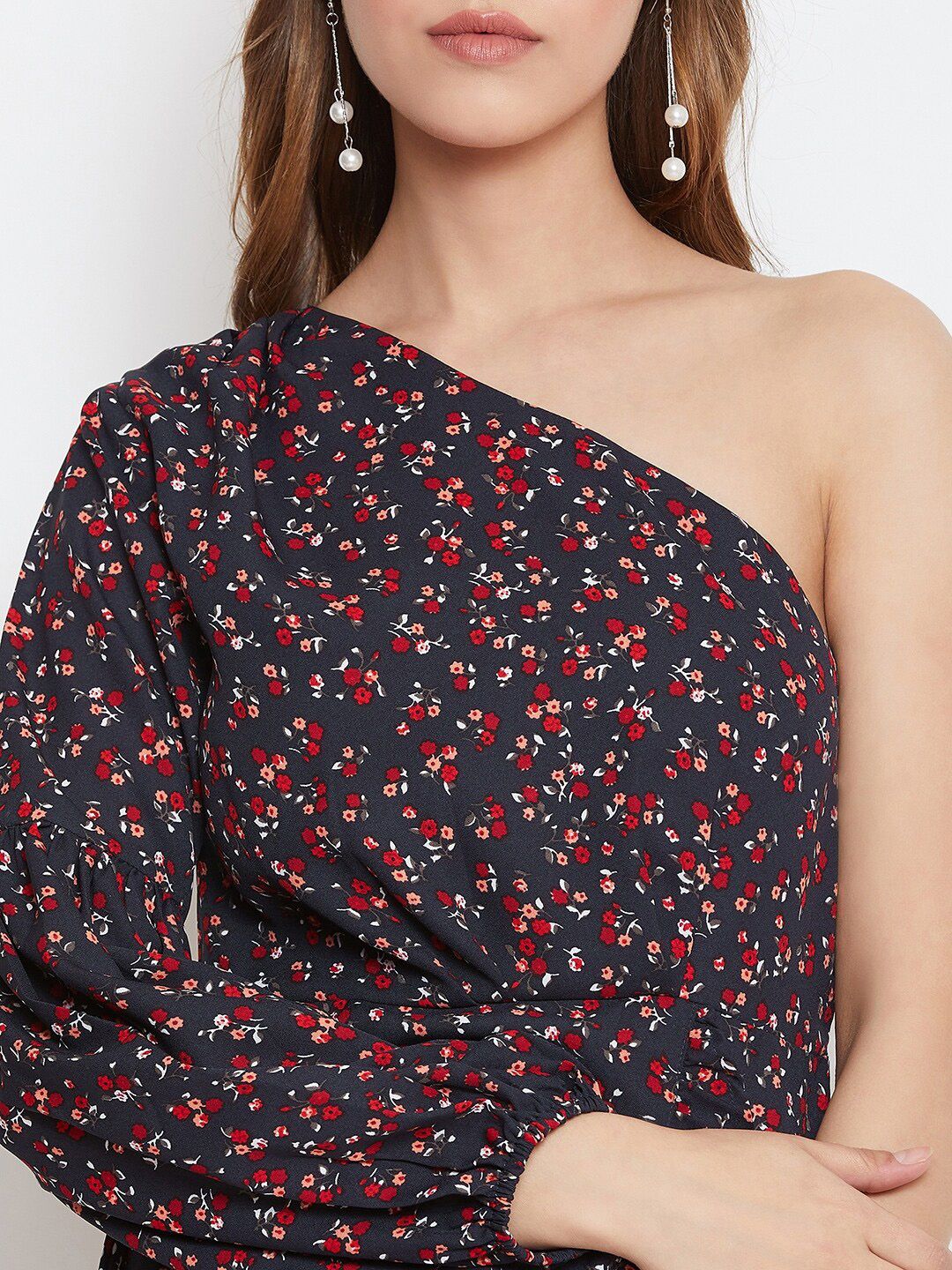 Berrylush Women Navy Blue Floral Printed A-Line Dress