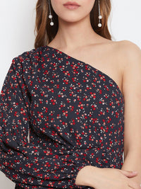 Berrylush Women Navy Blue Floral Printed A-Line Dress