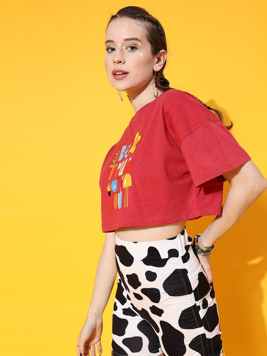 STREET 9 Women Red Printed Extended Sleeves Bio Finish Oversized  T-shirt