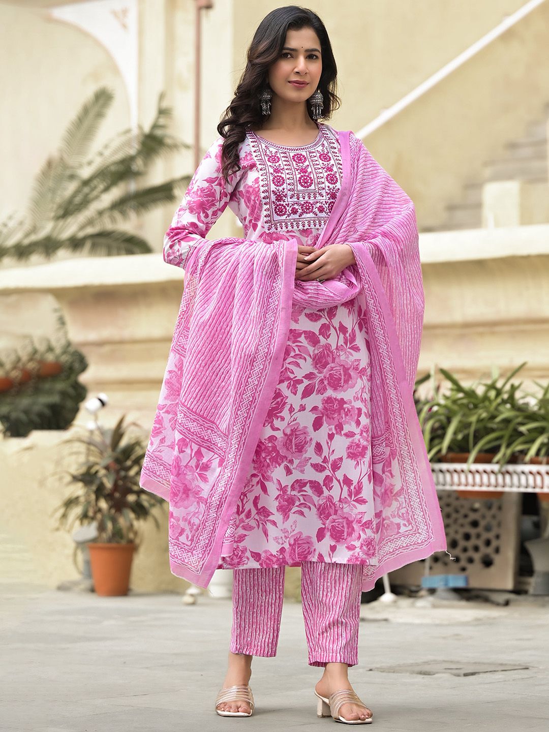 KALINI Floral Printed Regular Thread Work Kurta With Trousers & Dupatta