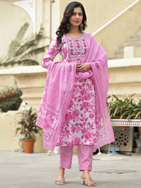 KALINI Floral Printed Regular Thread Work Kurta With Trousers & Dupatta
