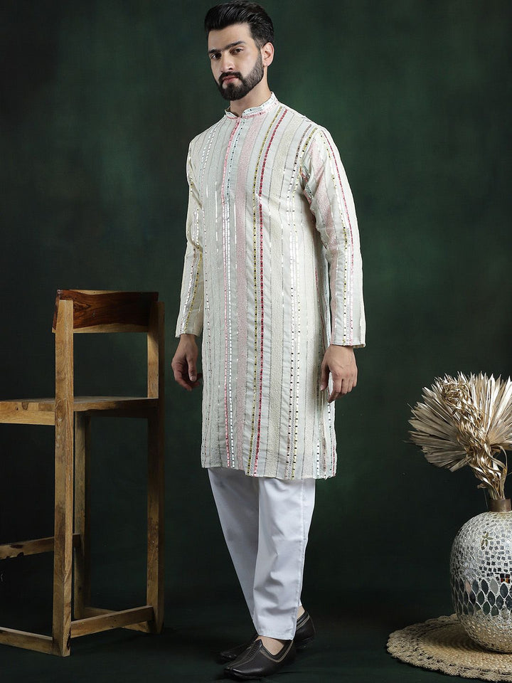 SOJANYA LUXE Embroidered Regular Long Sleeves Mandarin Collar Kurta with Pyjamas