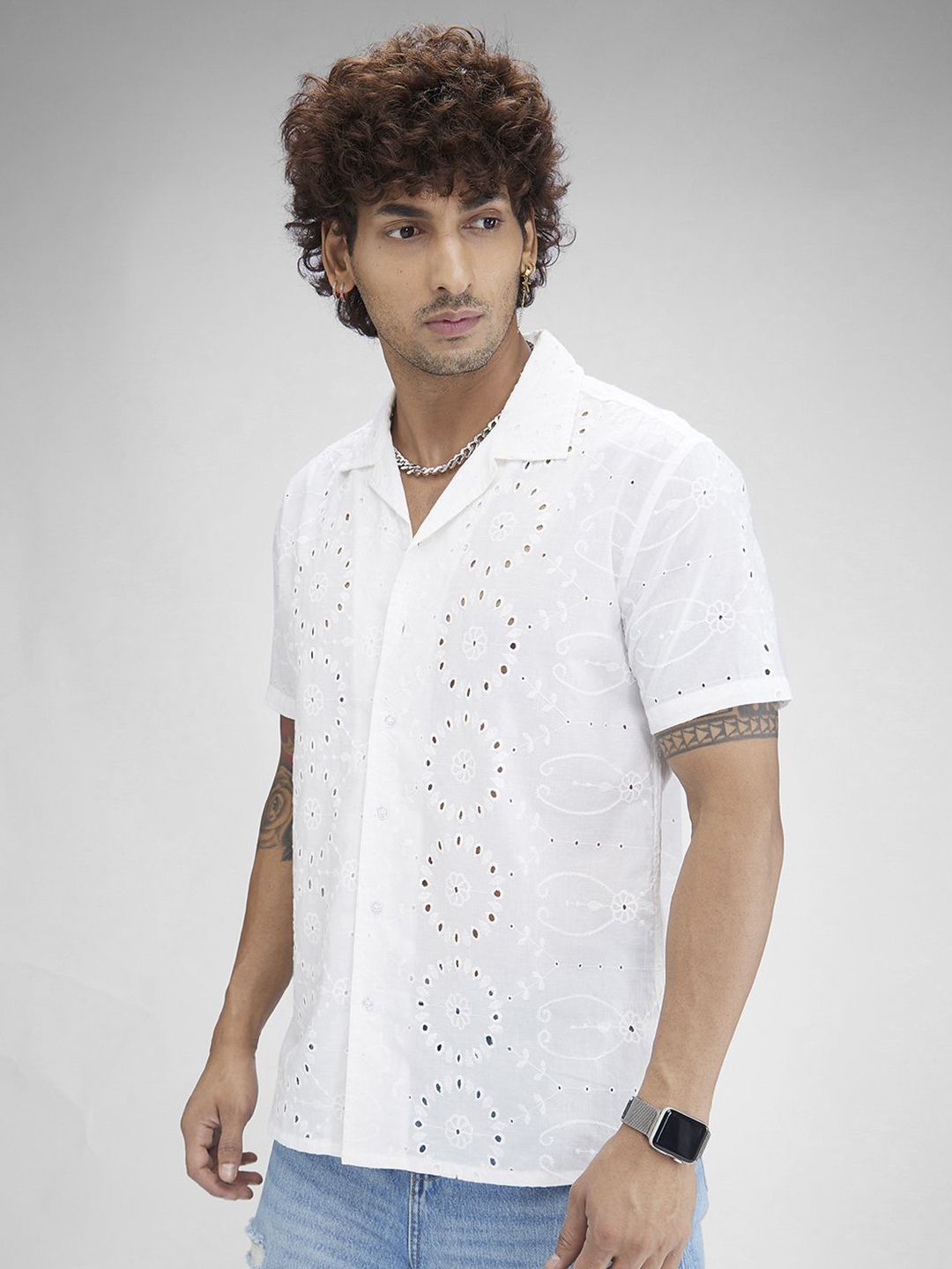 VASTRADO Classic Oversized Schiffli Floral Embroidered Cuban Collar Cotton Shirt