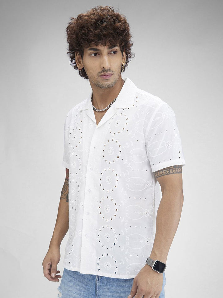 VASTRADO Classic Oversized Schiffli Floral Embroidered Cuban Collar Cotton Shirt
