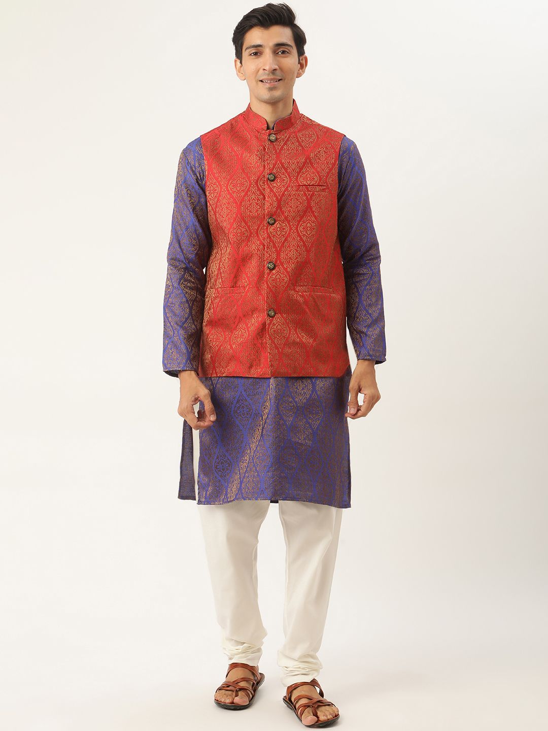 SOJANYA Men Purple Ethnic Motifs Kurta with Churidar & Nehru Jacket