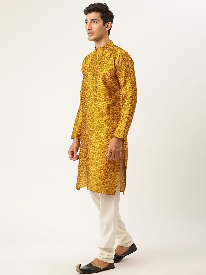 SOJANYA Men Mustard Yellow Jacquard Silk Kurta with Churidar & Nehru Jacket