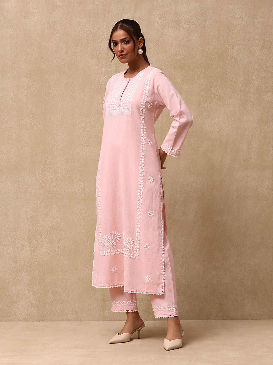 House of Chikankari Women Peach Cotton Chikankari Sulam Set Kurta