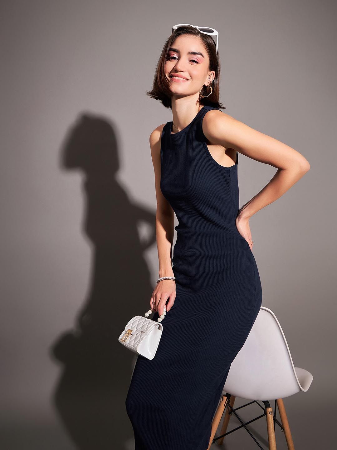 SASSAFRAS Navy Blue Ribbed Sheath Midi Dress