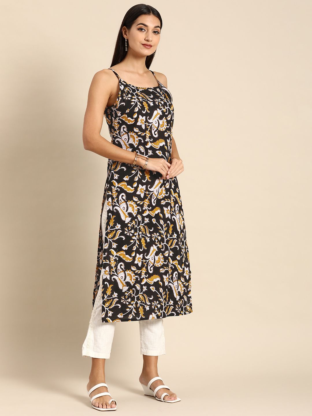 Anouk Women Black & White Ethnic Motifs Printed Pure Cotton Kurta