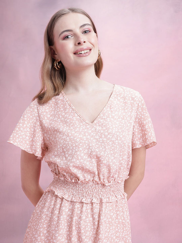DressBerry Floral Print Smocked Detail Flared Sleeves A-Line Dress