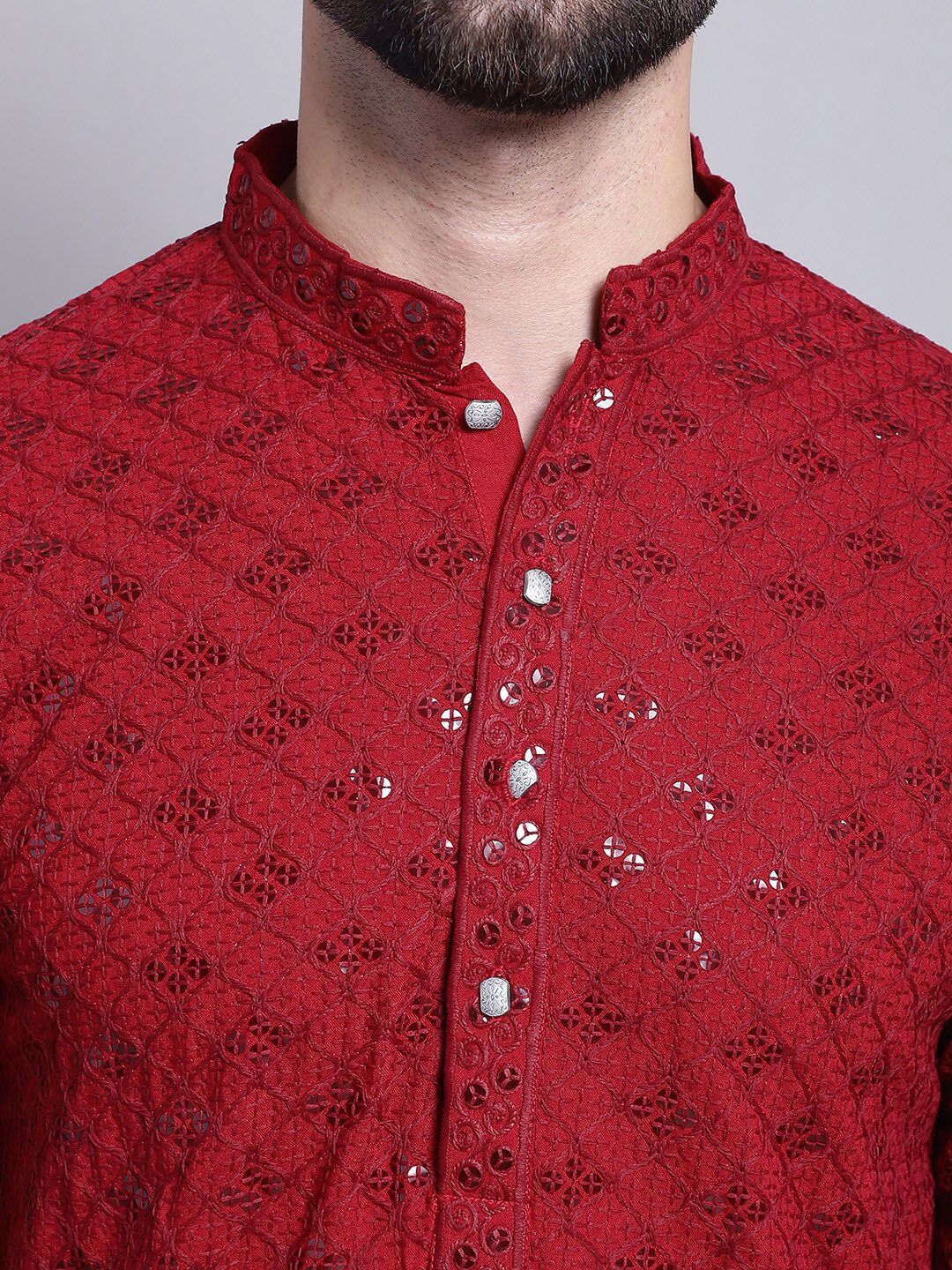SOJANYA Geometric Embroidered Sequence Mandarin Collar Pure Cotton Kurta