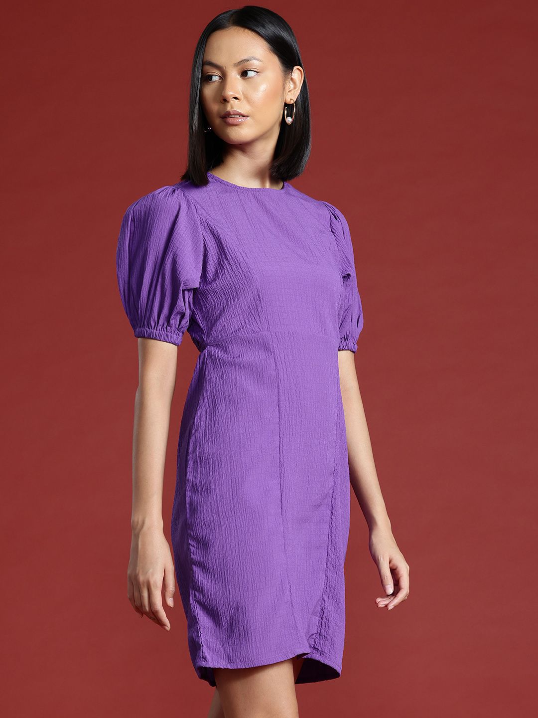 all about you Crinkled Cut-Out Back Puff Sleeve A-Line Dress