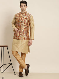 SOJANYA Men Golden Kurta with Churidar & Nehru Jacket