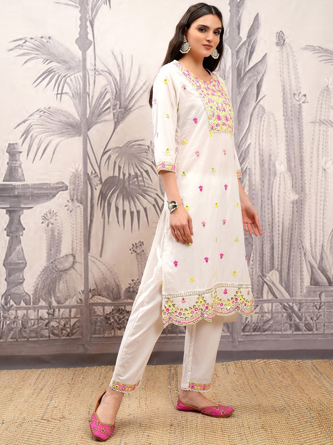 Vishudh Floral Printed Thread Work Pure Cotton Straight Kurta & Trousers With Dupatta