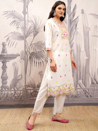 Vishudh Floral Printed Thread Work Pure Cotton Straight Kurta & Trousers With Dupatta