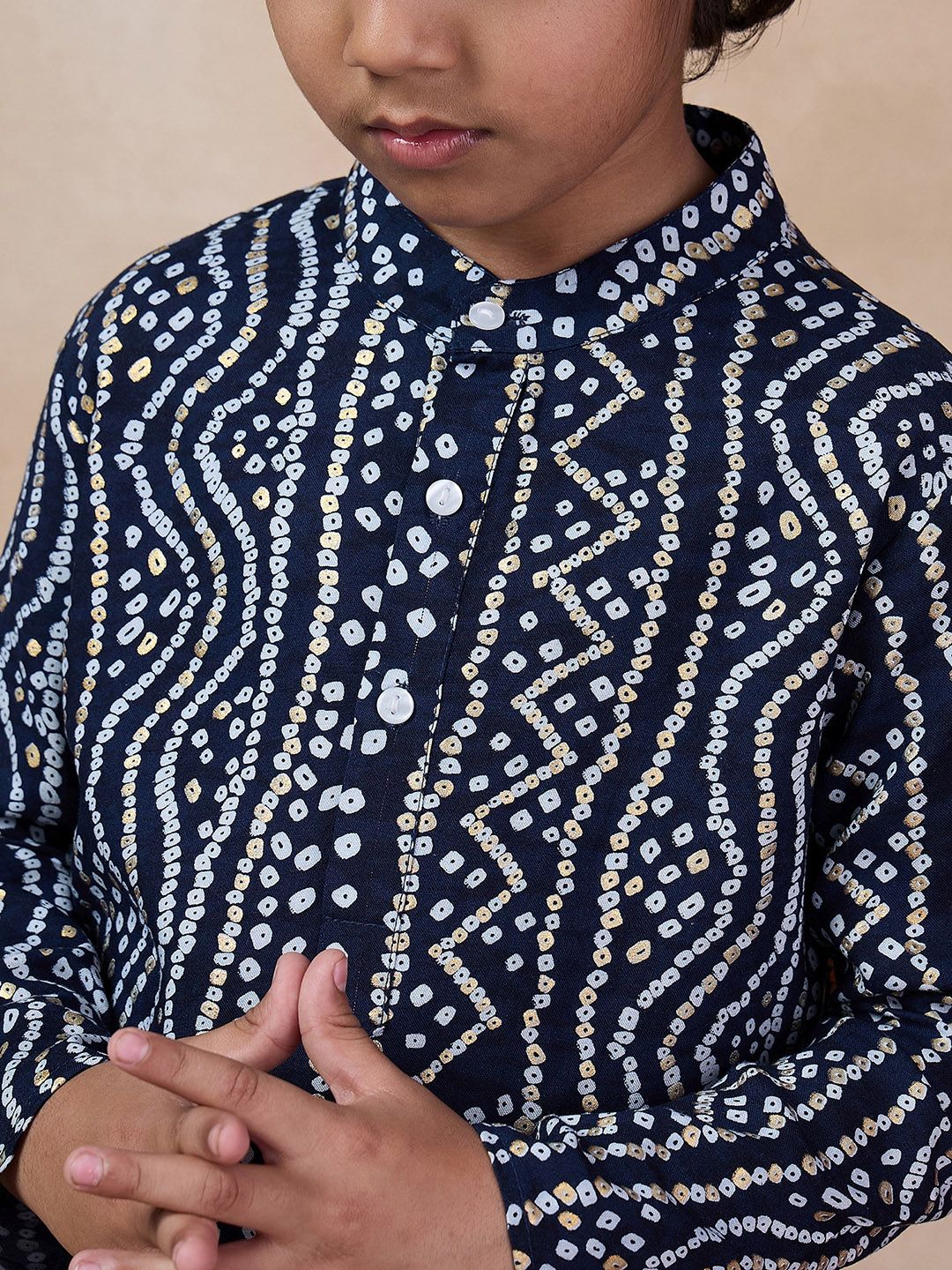 pspeaches Boys Bandhani Printed Band Collar Kurta with Pyjamas