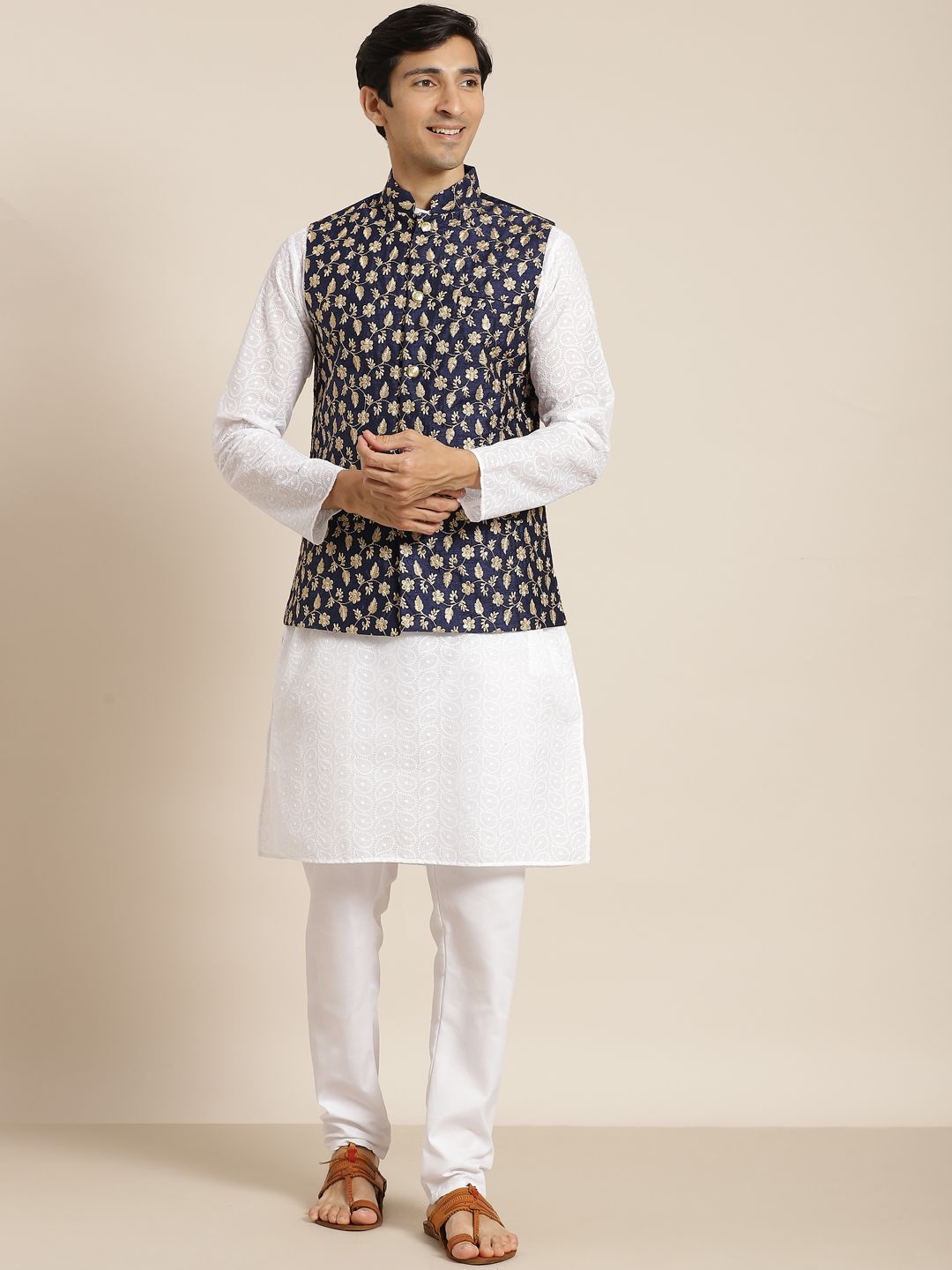SOJANYA Men White Chikankari Pure Cotton Kurta with Churidar & Nehrujacket