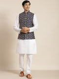 SOJANYA Men White Chikankari Pure Cotton Kurta with Churidar & Nehrujacket