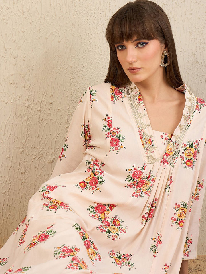Indo Era White Floral Embroidered V-Neck Zari Panelled A-Line Kurta