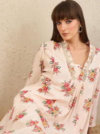 Indo Era White Floral Embroidered V-Neck Zari Panelled A-Line Kurta