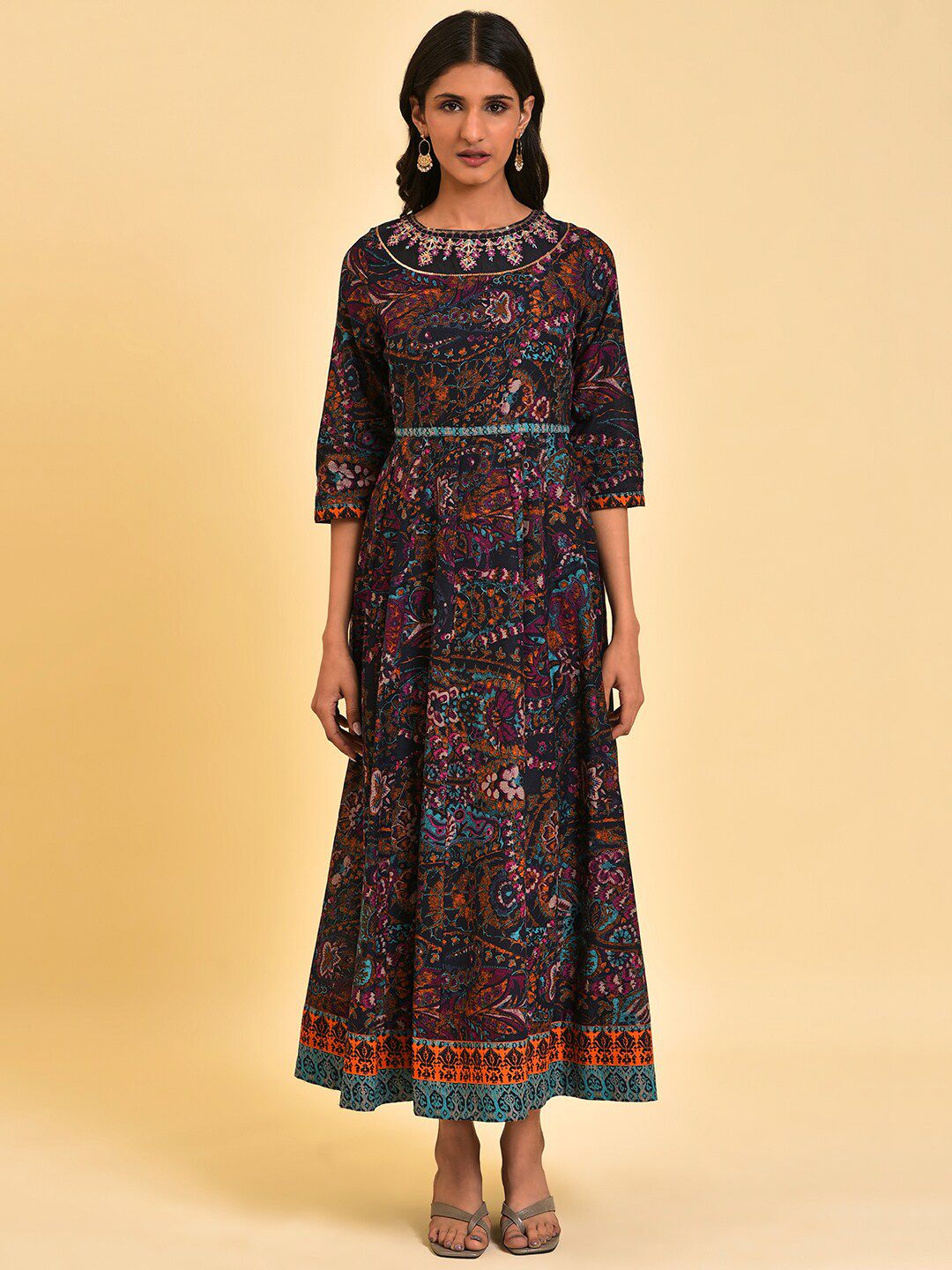 W Blue Ethnic Motifs Printed Embroidered Pure Cotton Maxi Ethnic Dress