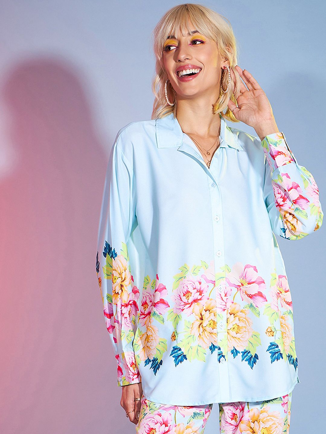 SASSAFRAS Turquoise Blue Floral Print Shirt With Tapered Trousers