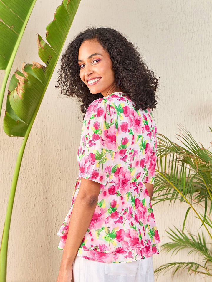 SASSAFRAS Pink Floral Printed Georgette Peplum Top
