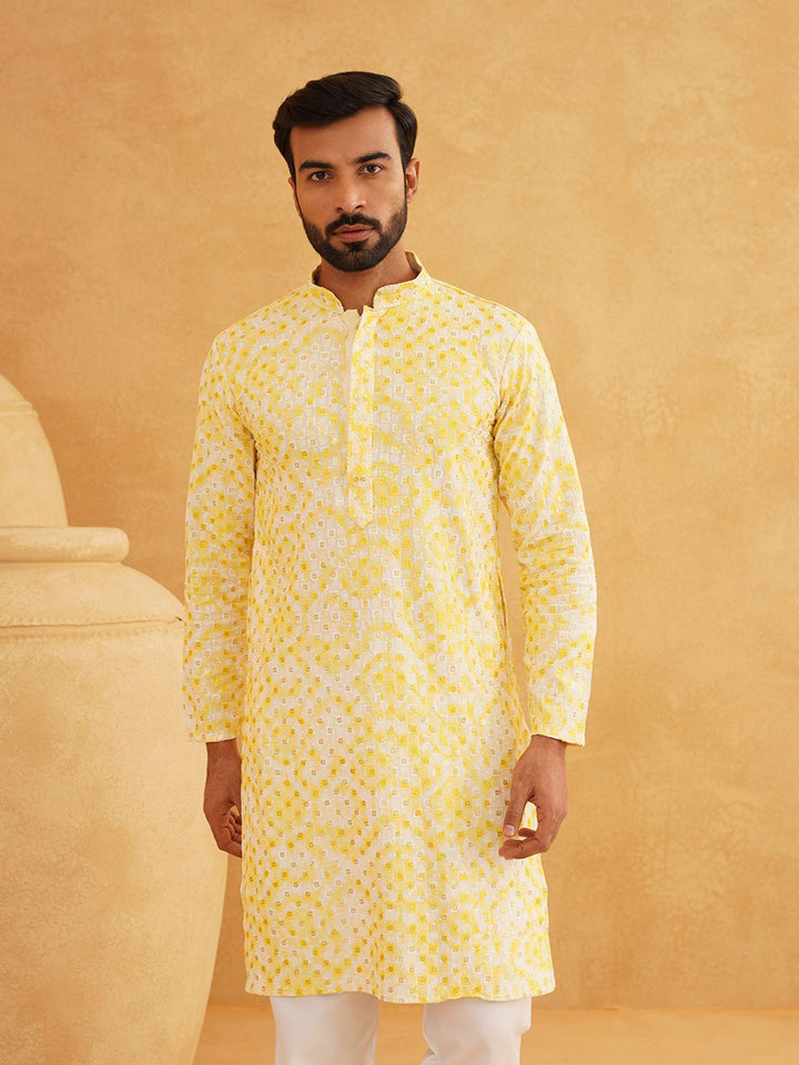 SOJANYA Motif Etnik Bersulam Kolar Mandarin Benang Kerja Kurta Lurus Kapas Tulen