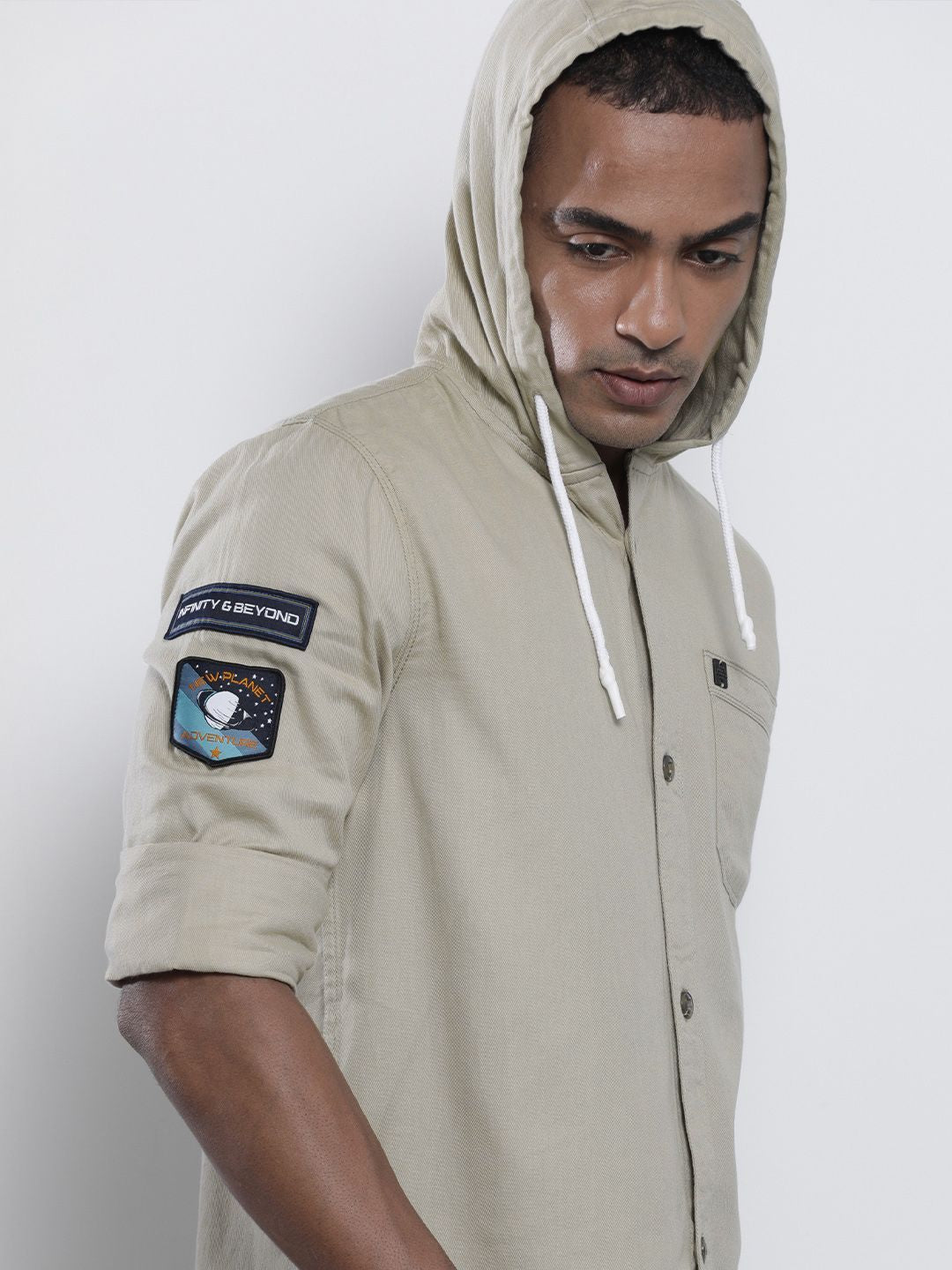 The Indian Garage Co Men Khaki Solid Hooded Slim Fit Casual Shirt